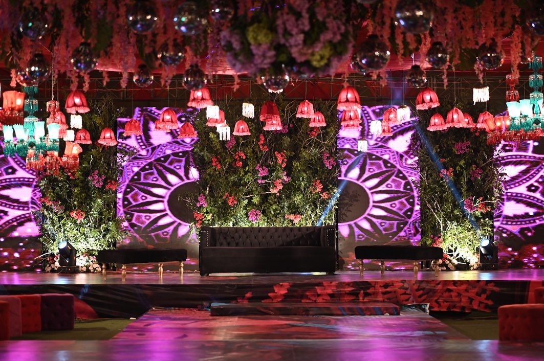 Luxury wedding setup with floral arch